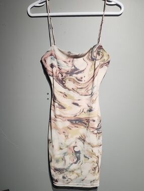 privy Marble-Print Slip Dress in Cream, Pink, Olive, and Gray